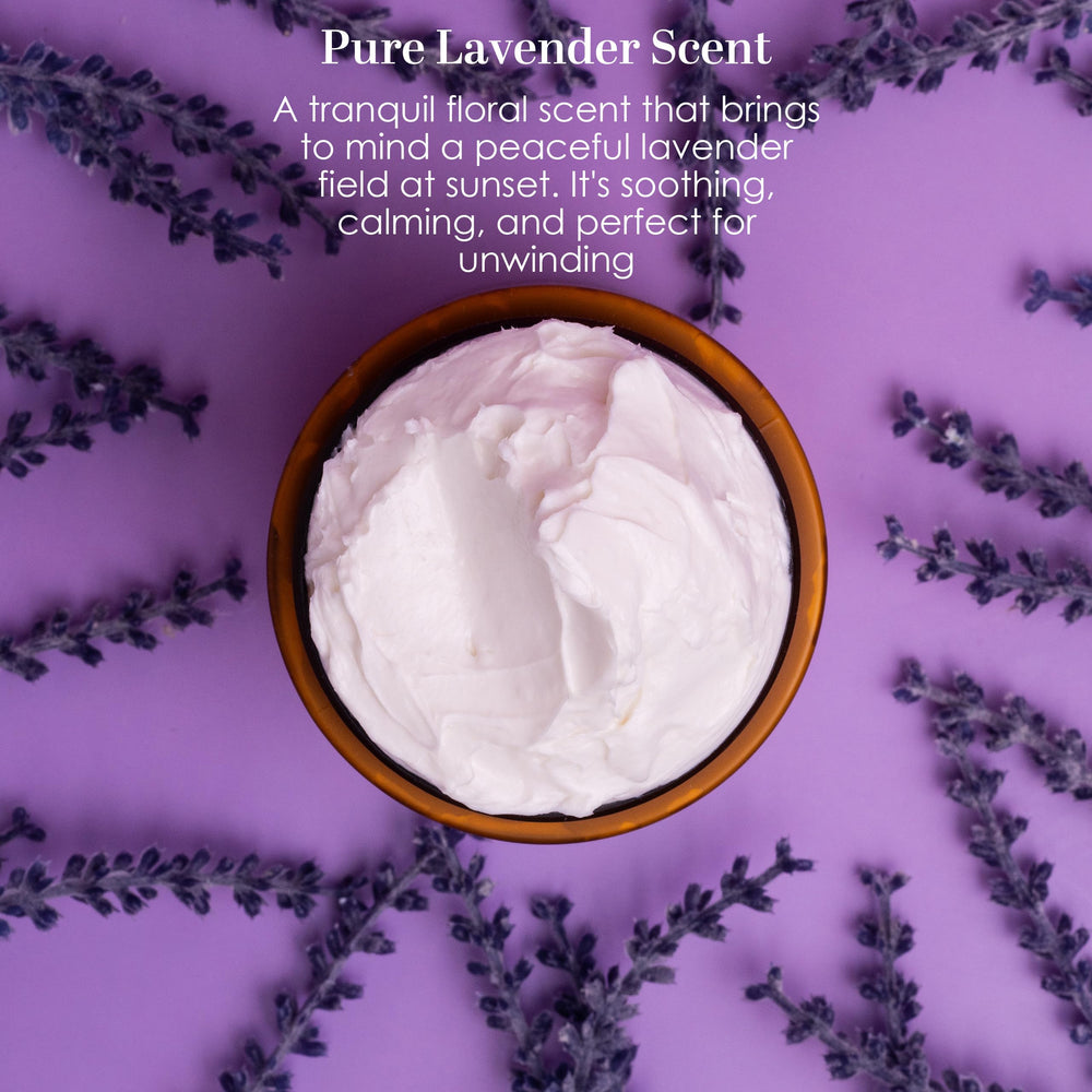 Better Shea Butter Lavender Body Butter texture closeup highlights whipped creaminess for quick absorption.