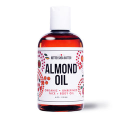 Better Shea Butter Organic Almond Oil bottle showing light, fast-absorbing moisturizer for all skin types.