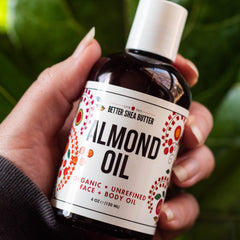 Better Shea Butter Organic Almond Oil applied to dry hands demonstrates daily moisture without clogging pores.