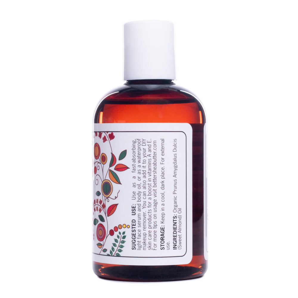 Better Shea Butter Organic Almond Oil packaging highlights natural, versatile formula for body and face.