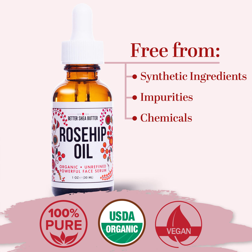 Better Shea Butter Organic Rosehip Oil dropper delivers quick-absorb formula
