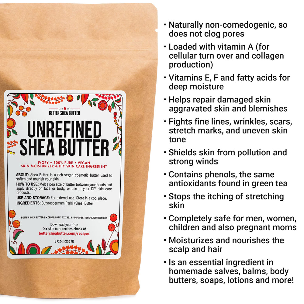 Packaging and labeling of Better Shea Butter emphasize purity and simple ingredients.