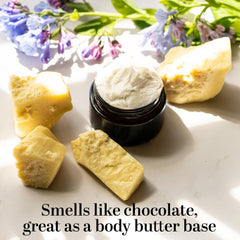 Better Shea Butter Raw Cocoa Butter Body Moisturizer adds moisture for smooth skin.