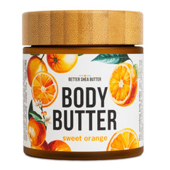 Better Shea Butter Sweet Orange Body Butter in a jar, hydrating dry skin.