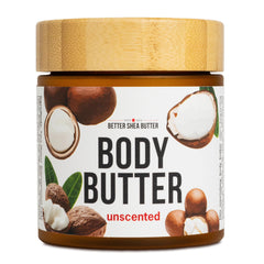 Better Shea Butter unscented body butter jar top view showing fragrance-free packaging.
