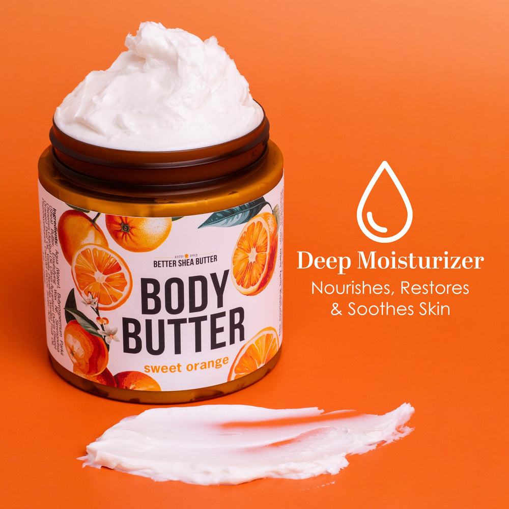 Better Shea Butter whipped texture with orange vanilla scent for smooth skin.