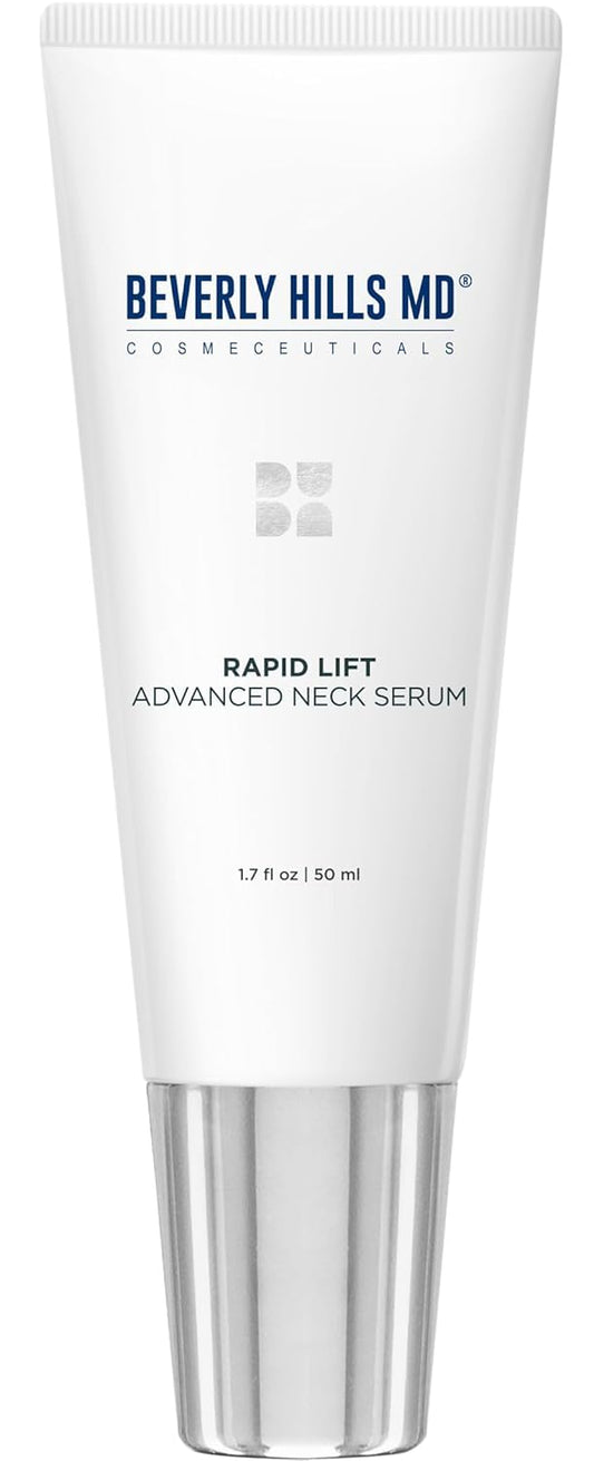 Be Beverly Hills MD Rapid-Lift Neck Serum bottle on a clean surface for a firmer-looking neck.