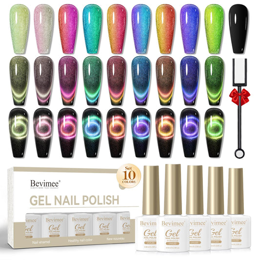 Bevimee cat-eye gel polish 10-color set for stylish DIY manicures at home.