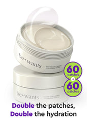 BE+WANTS under-eye patches placed on the eye area providing cooling relief.