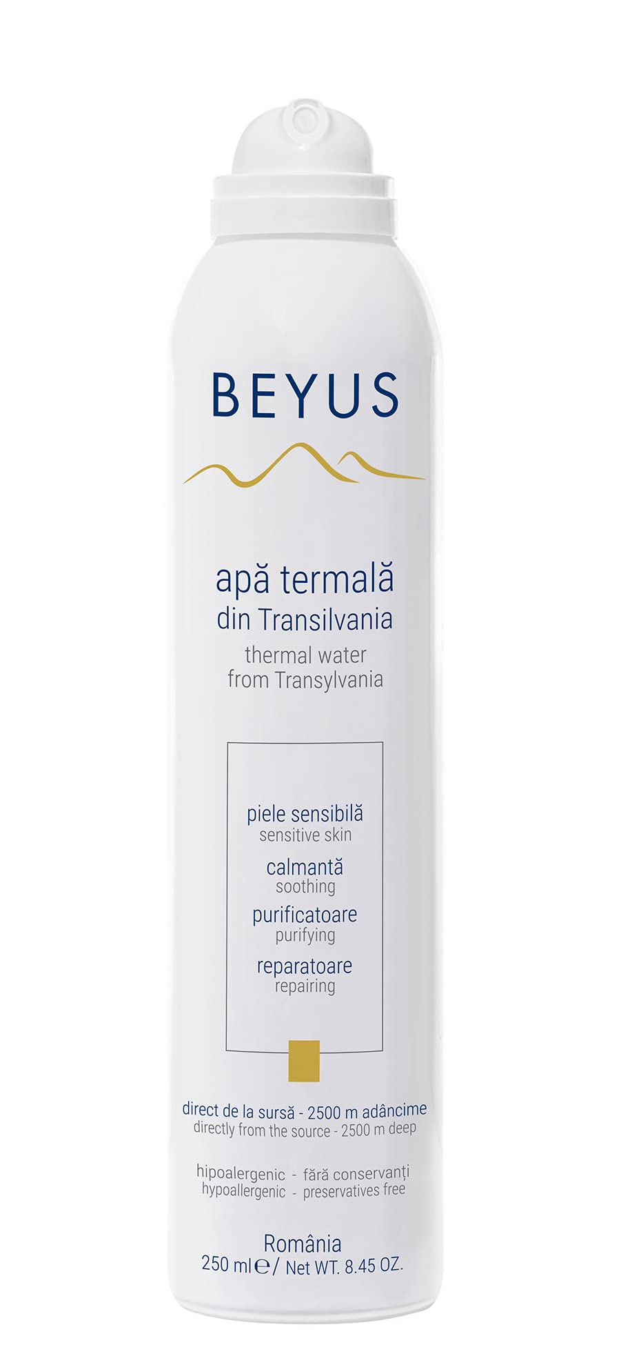 Beyus Transylvania Thermal Water delivers a 360-degree mist for quick facial refreshment.
