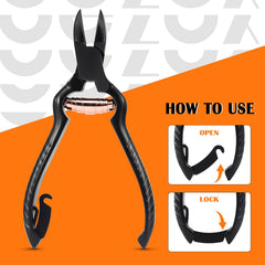 BEZOX heavy-duty toenail clippers cutting through a thick nail.