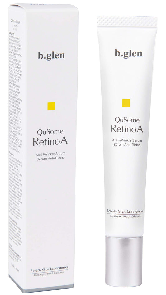 b.glen QuSome RetinoA serum bottle on vanity signals a gentle night routine for smoother texture.