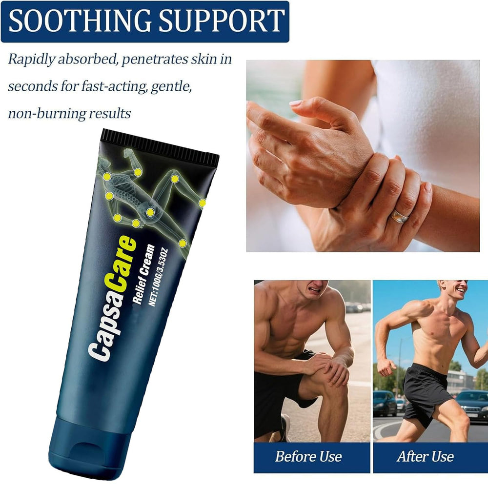 Bicotand CapsaCare Relief Cream applied to knee or shoulder area.