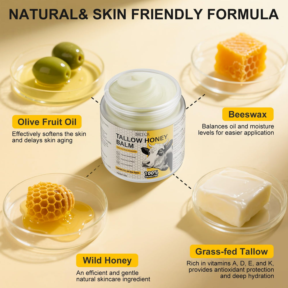 BIETCR grass-fed beef tallow ingredients panel emphasizing vitamin-rich nourishment.