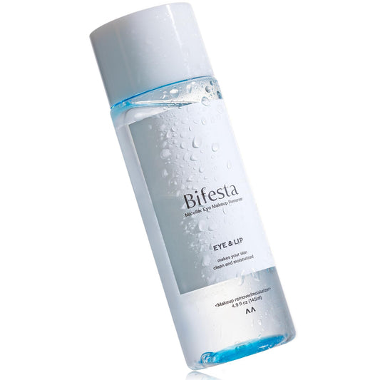 Bifesta Eye & Lip Micellar Remover bottle shows gentle, effective cleanse for waterproof makeup.