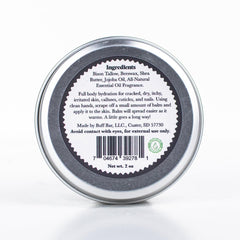 Close‑up of Buff Bar ingredients showing bison tallow and shea butter.