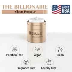 Billionaire Beauty Labs ingredients panel features peptides, hyaluronic acid, and nourishing oils.
