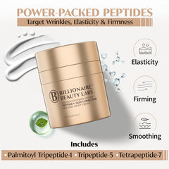 Billionaire Beauty Labs peptide face cream label highlights fragrance-free, vegan, and cruelty-free promise.