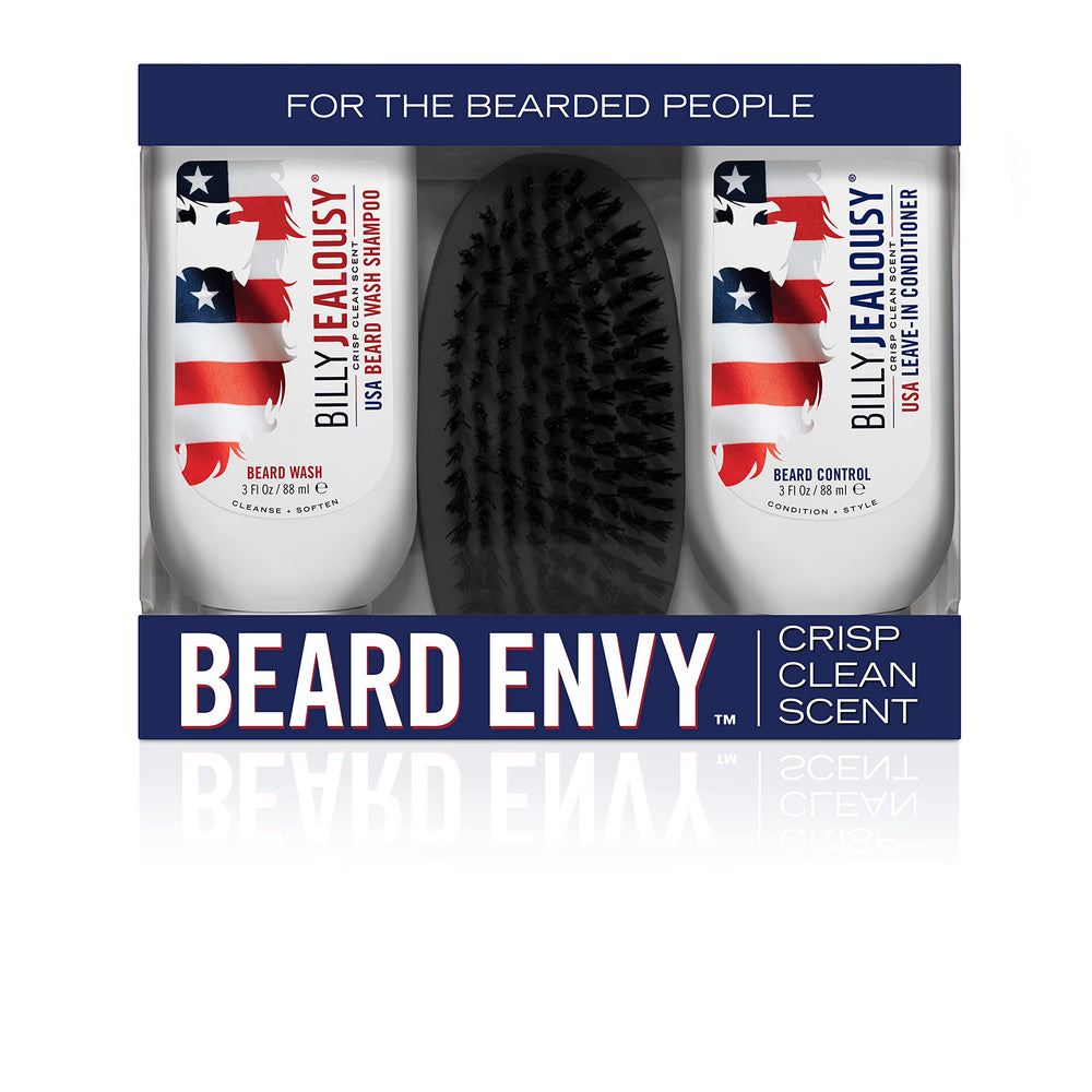 Billy Jealousy Beard Envy USA kit box front, gift-ready and travel-friendly.