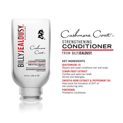 Billy Jealousy Cashmere Coat label close-up—DHT-blocking ingredients for stronger hair.