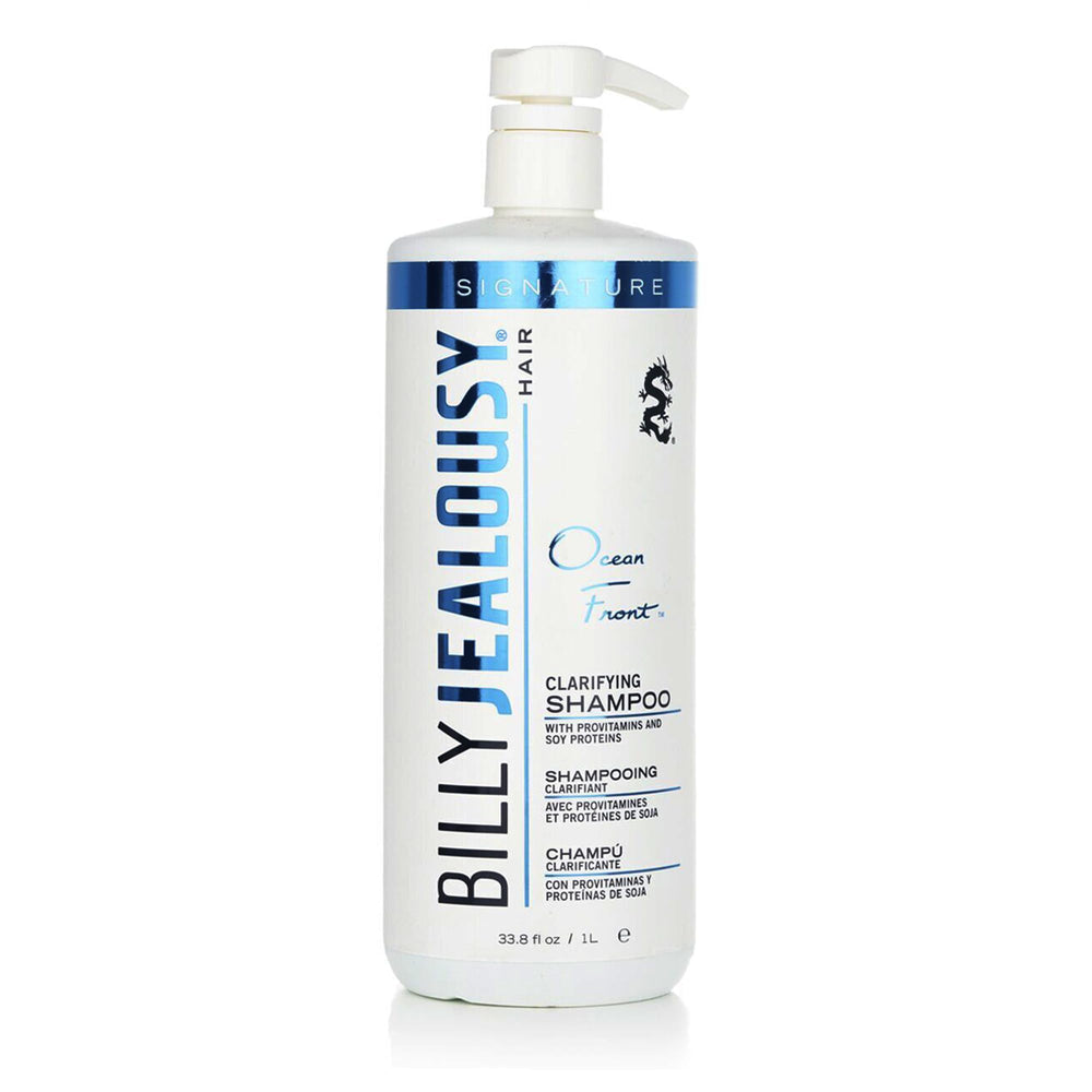 Billy Jealousy Ocean Front clarifying shampoo bottle shows deep cleanse for oily hair.