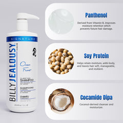 Billy Jealousy Ocean Front label closeup highlights paraben-free formula for scalp refreshment.