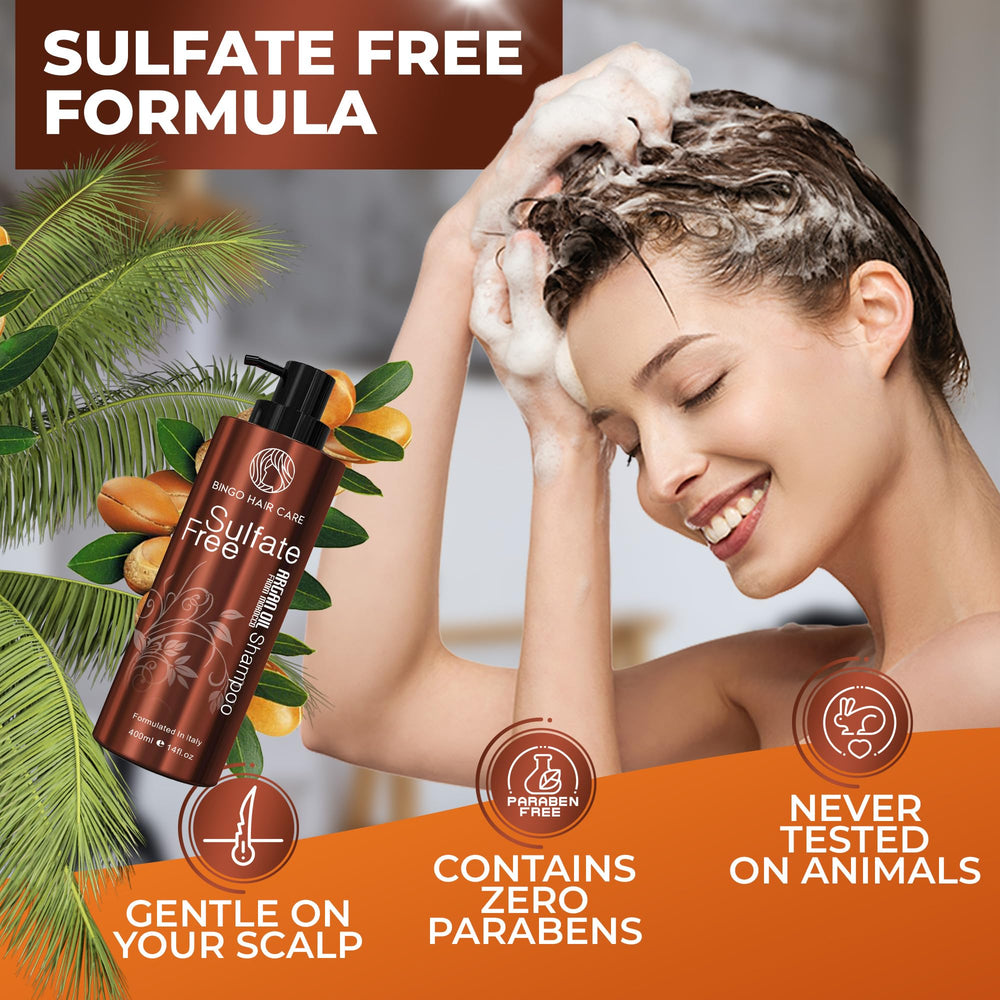 BINGO Hair Care damage-repair argan oil shampoo emphasizes strand protection.