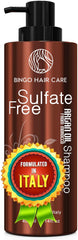 BINGO Hair Care Moroccan Argan Oil Shampoo bottle highlights shine and hydration.