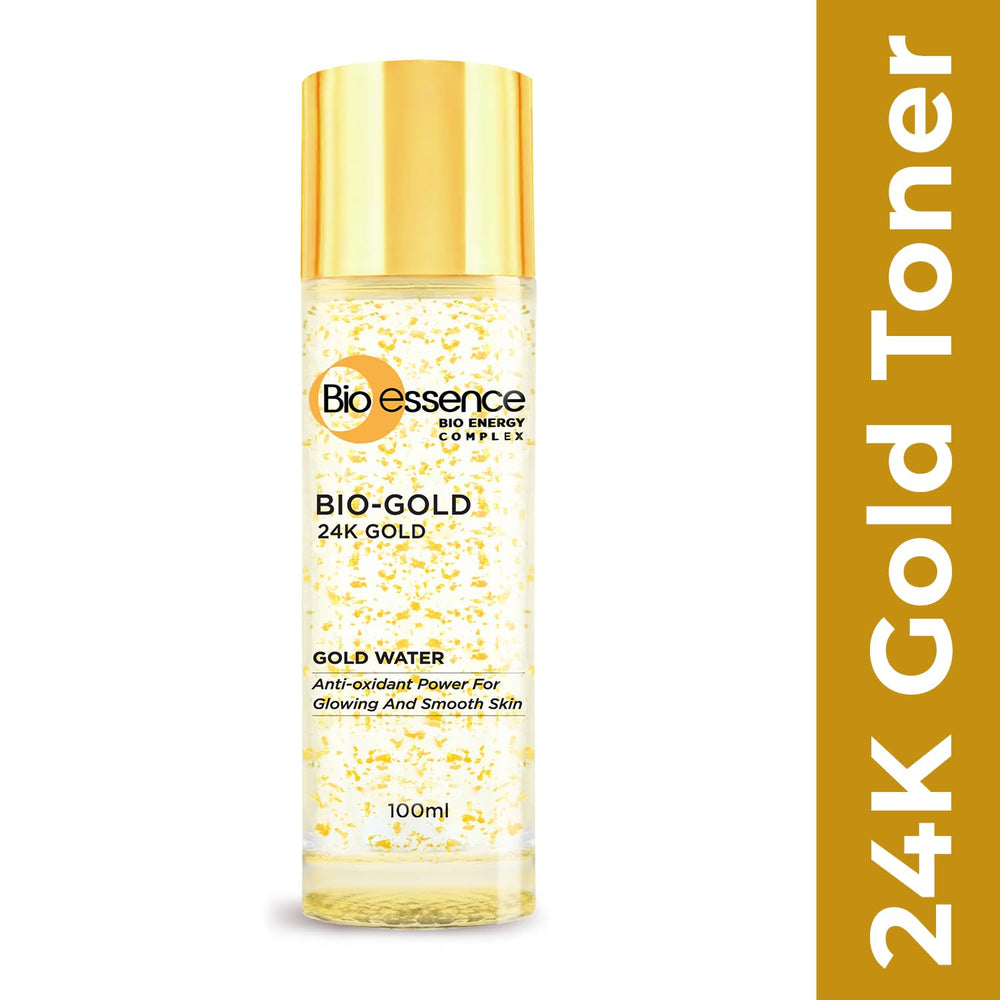 Close-up pour of Bio-Gold Water ready for a glow-boosting ritual