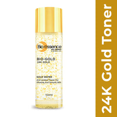 Close-up pour of Bio-Gold Water ready for a glow-boosting ritual
