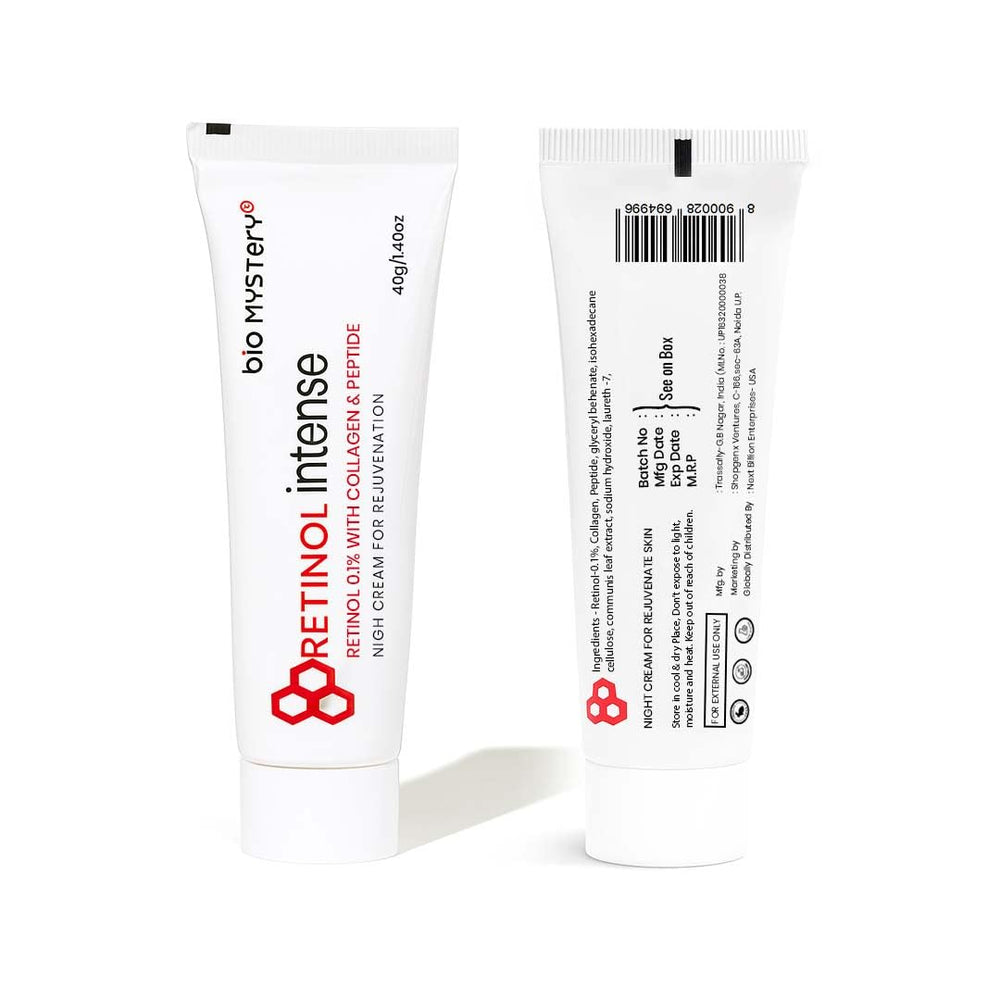 Bio Mystery collagen peptides night cream packaging on vanity.