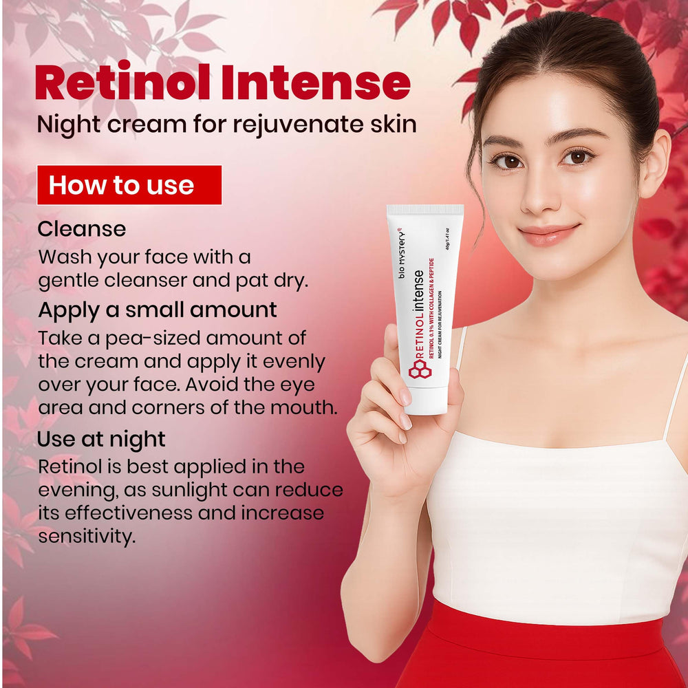 Bio Mystery product label close-up highlighting 0.1% retinol and collagen for smoother skin.