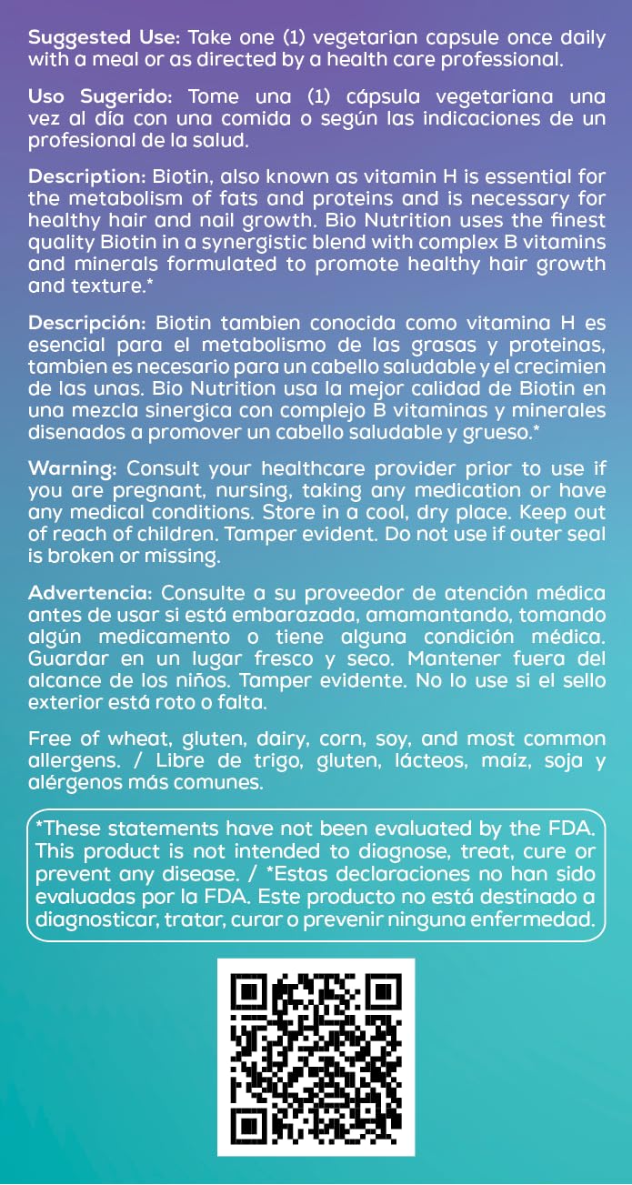 Bio Nutrition Healthy Hair Biotin Vegi-Caps label details nutrients