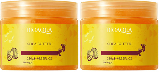 BIOAQUA foot care herbal scrub cream jar close-up shows exfoliating texture for smoother feet
