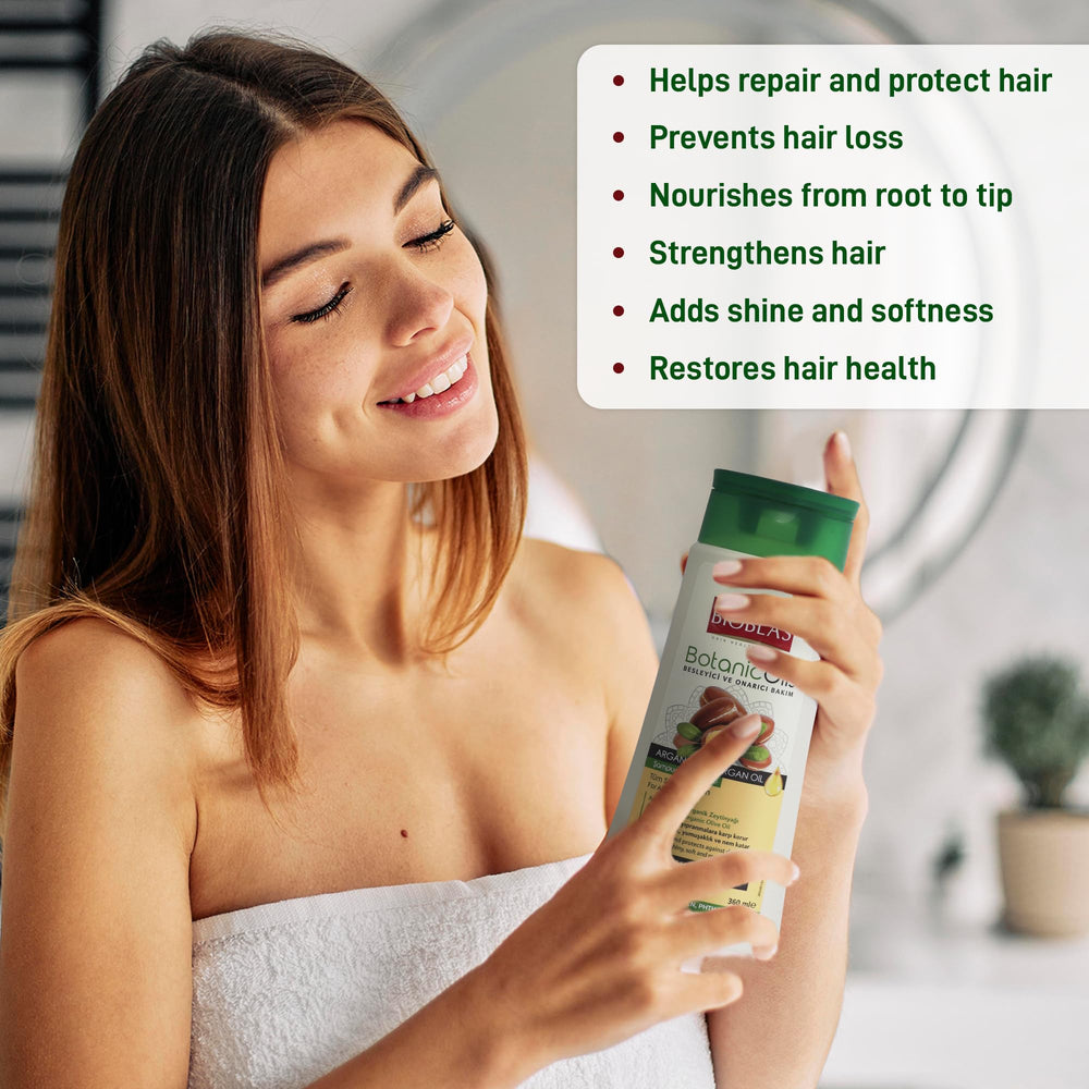 BIOBLAS Argan Oil & Organic Olive Oil Shampoo packaging highlights a two-pack offering.