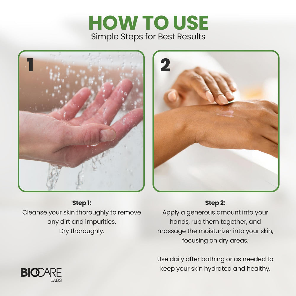Biocare Labs Body Butter being applied to hands demonstrating quick, non-greasy absorption.