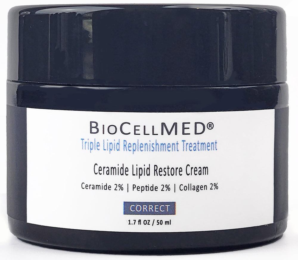 BIOCELLMED Triple Lipid Restore Ceramide Cream jar demonstrates a rich night treatment for plump, radiant skin.