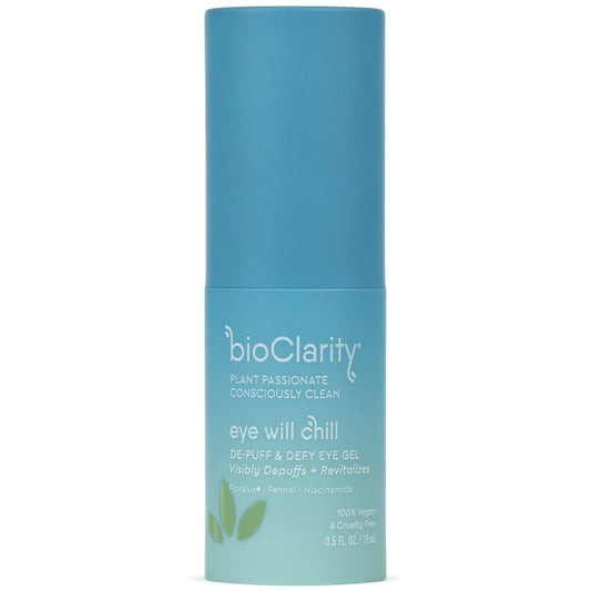 BioClarity Eye Will Chill eye gel bottle with cooling applicator soothes under-eye puffiness.