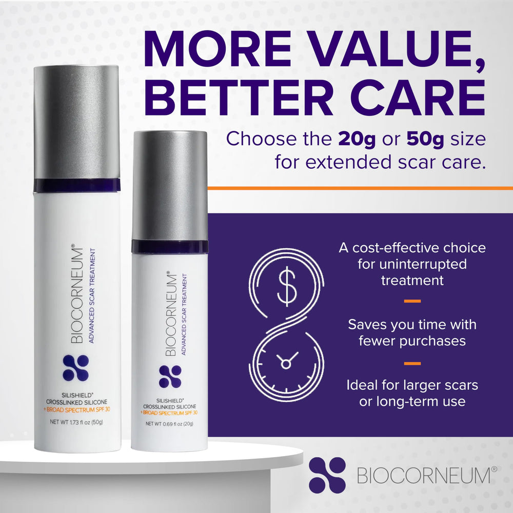 BIOCORNEUM for keloid and hypertrophic scars for a smoother look.