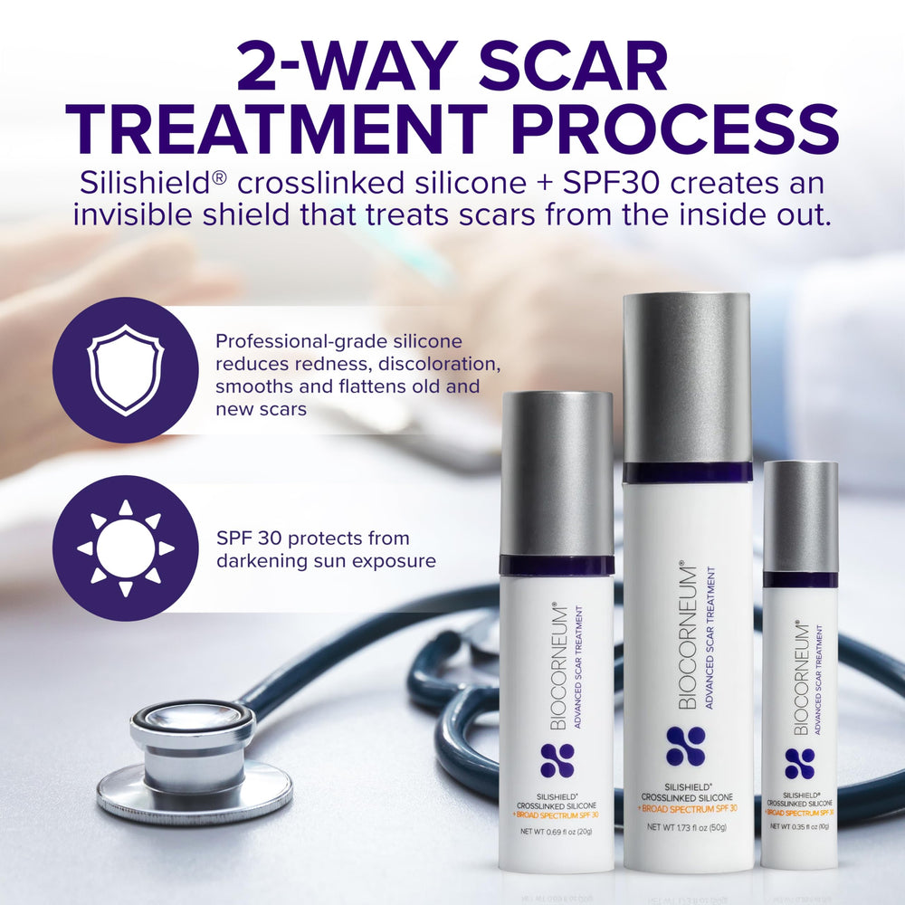 Biocorneum SPF 30 broad-spectrum film over scar for sun protection.