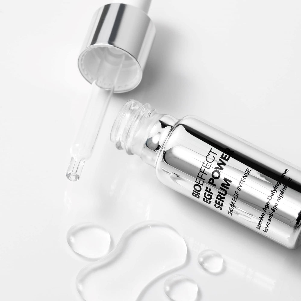 BIOEFFECT EGF Power Serum being dispensed creates a clear, hydrating veil on skin.