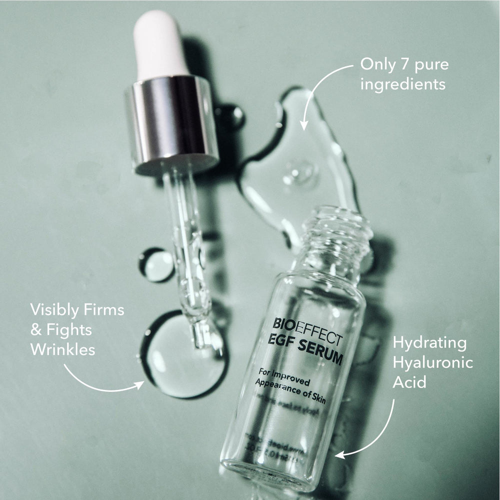 Bioeffect EGF Serum barley plant imagery underscores plant-based ingredients.