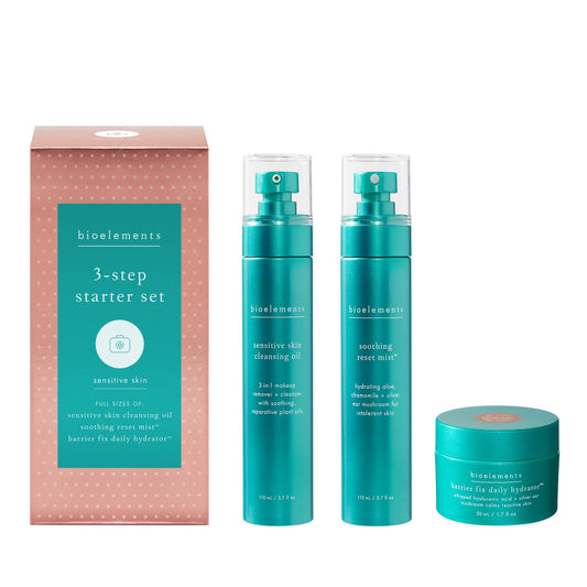 Bioelements cleansing oil bottle demonstrates gentle makeup removal and barrier-friendly cleansing.