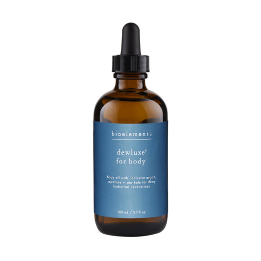Bioelements Dewluxe Body Oil bottle close-up highlighting luxe hydration for smooth, nourished skin