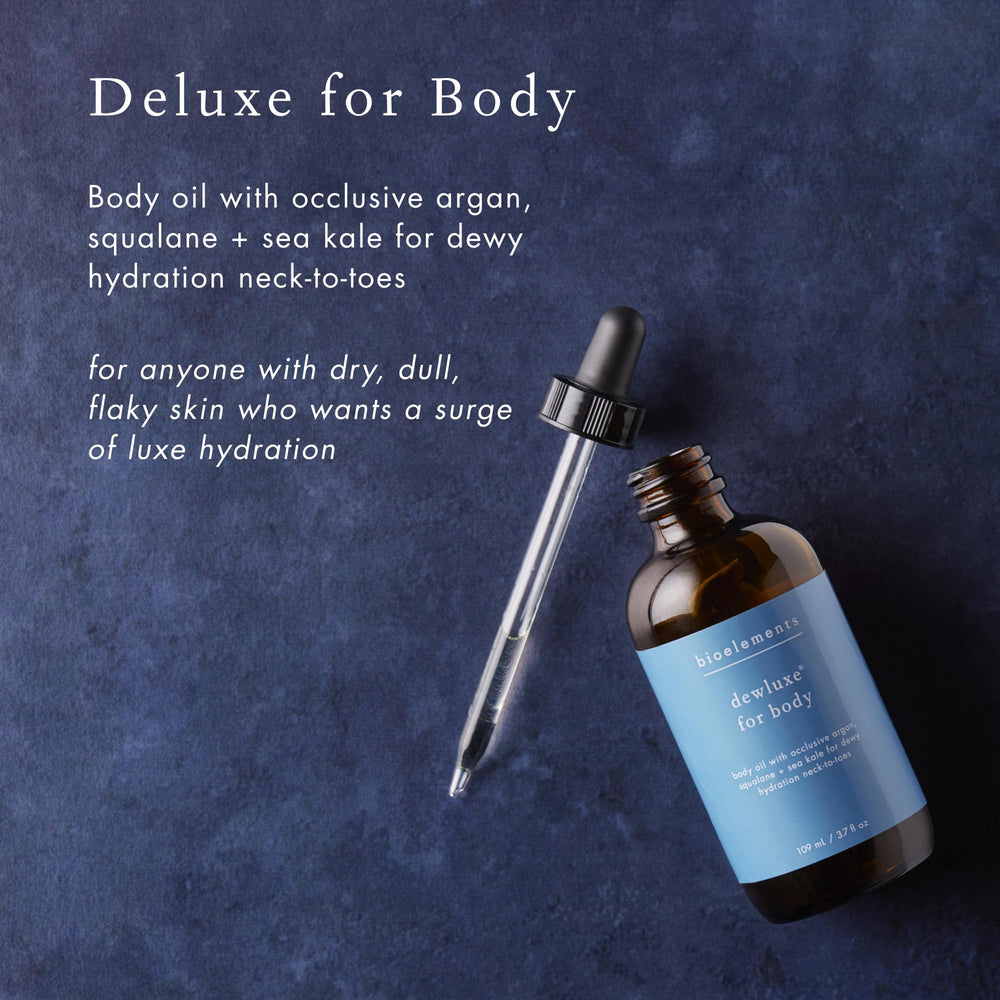 Bioelements Dewluxe Body Oil bottle showing argan and squalane ingredients for barrier hydration