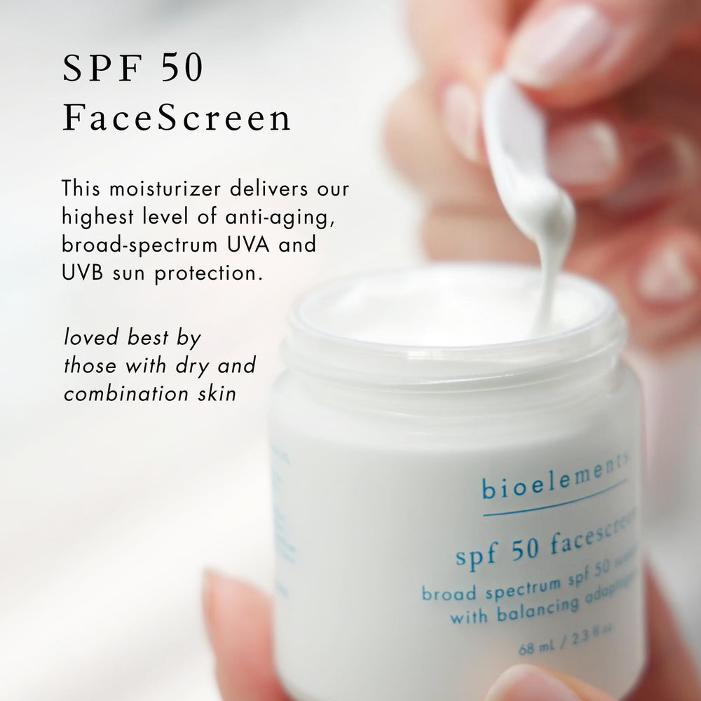 Bioelements FaceScreen SPF 50 application under makeup for a smooth base.