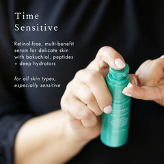 Bioelements Time Sensitive application on cheek suggests smoothing and nourishment.