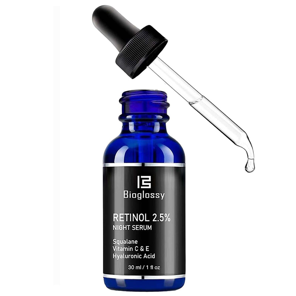 Bioglossy retinol serum bottle pouring for overnight renewal.