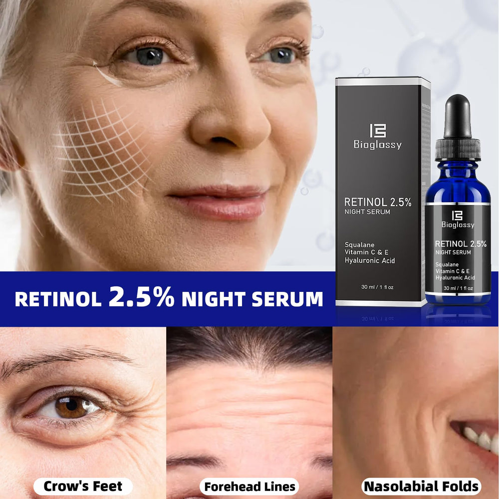 Bioglossy retinol serum ingredient list close-up with vitamins.