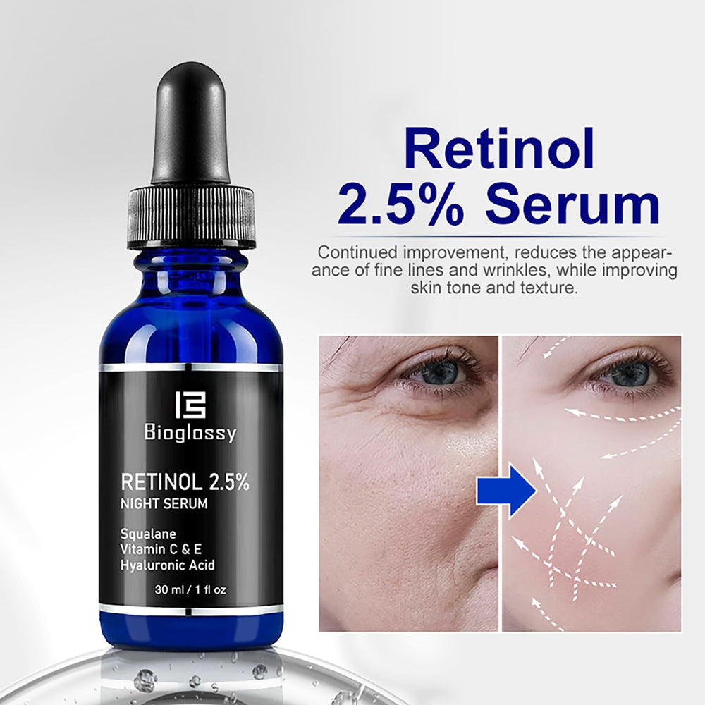 Bioglossy retinol serum pump bottle in clean skincare setup.